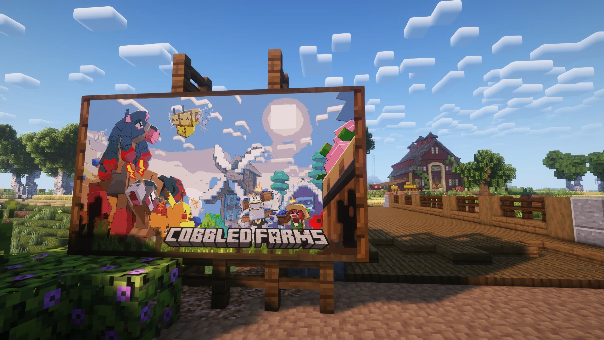 Cobblemon modpack gameplay scene with a billboard and Minecraft village