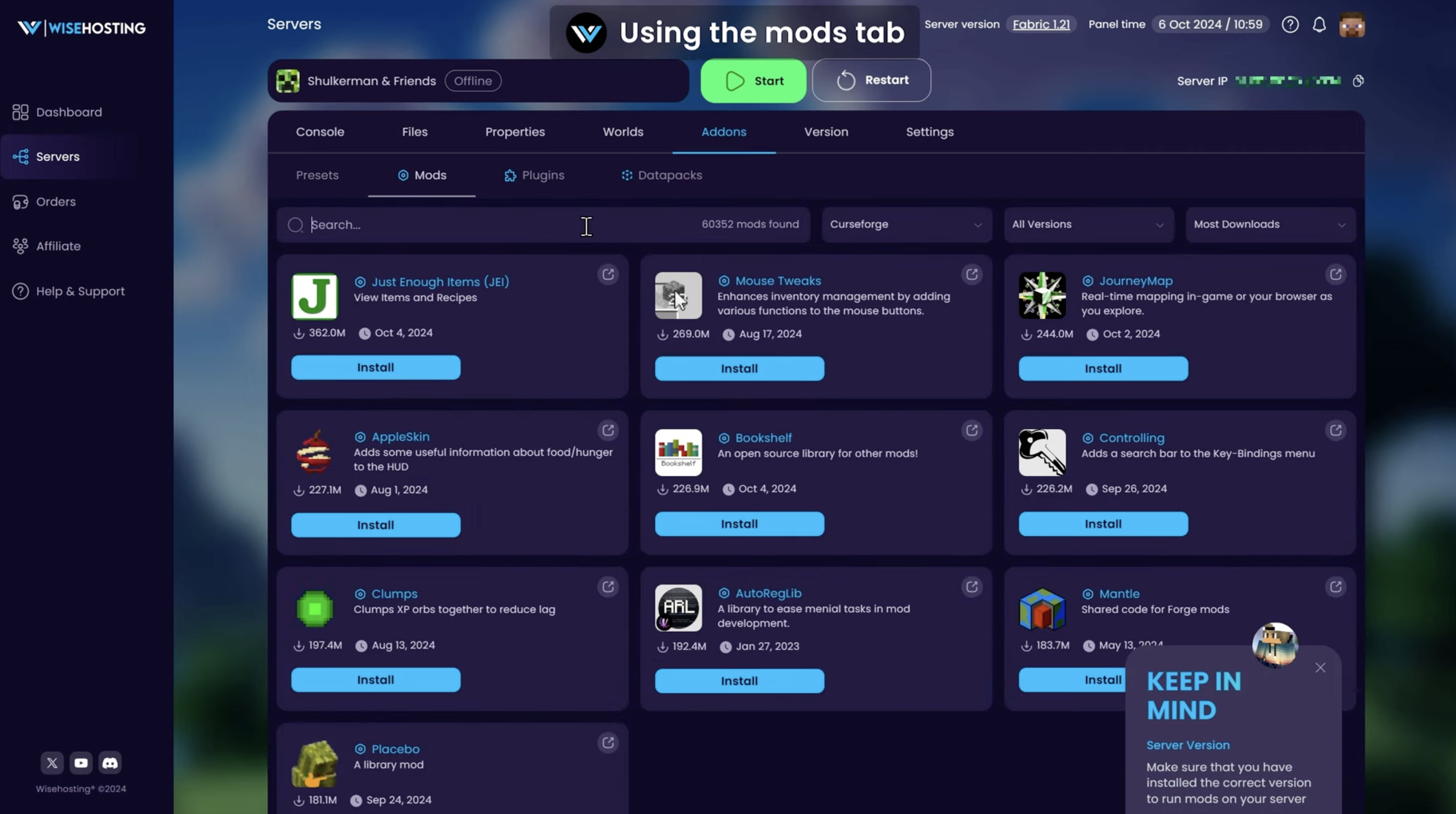 WiseHosting Addons and Mods page with Cobblemon in the mod search results