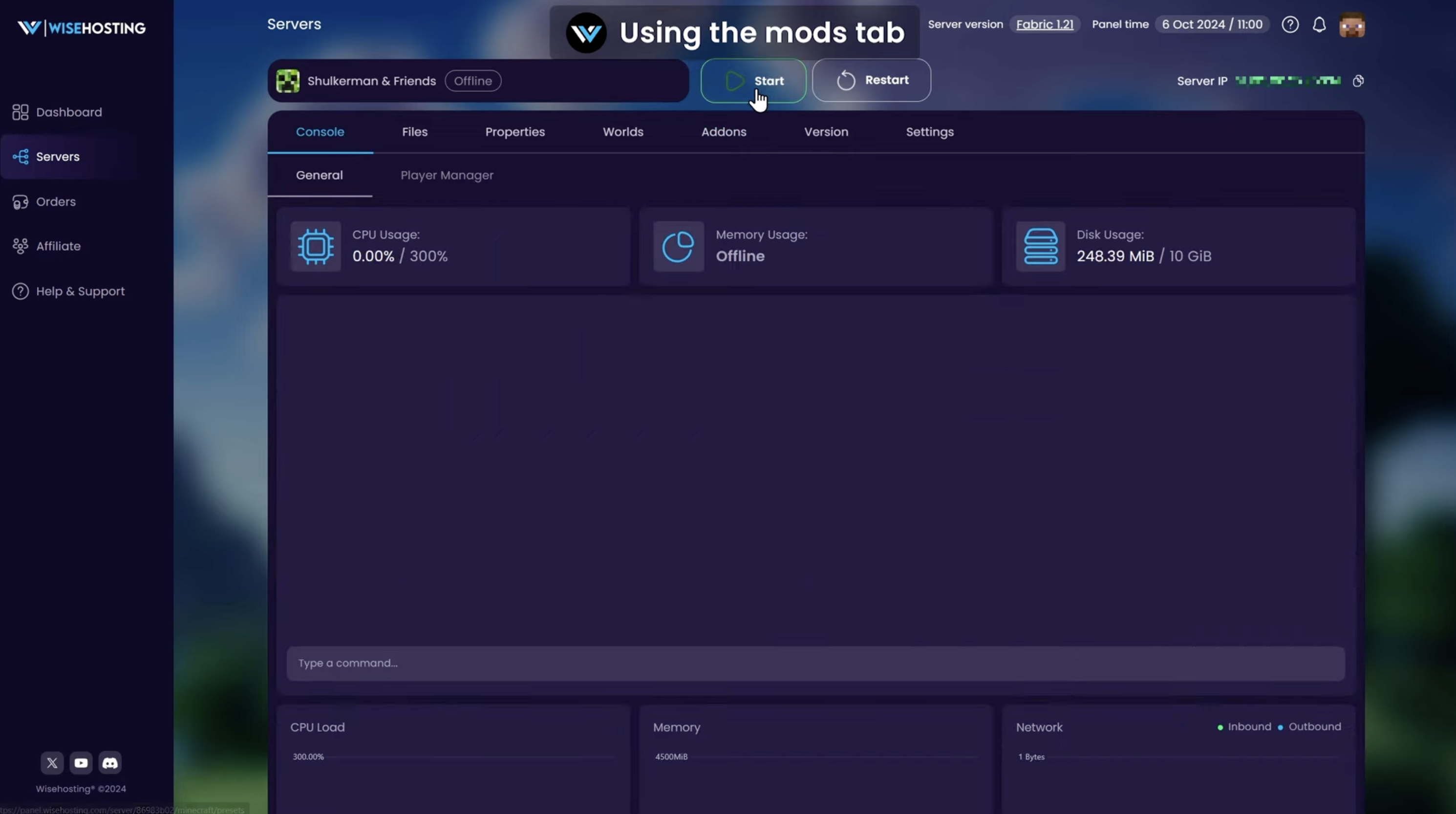 WiseHosting server Console tab with the Start button and server IP in the top right